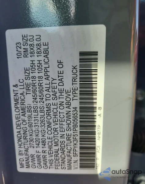 2023 Honda Ridgeline Rtl из США, поврежденный, VIN 5FPYK3F51PB056534